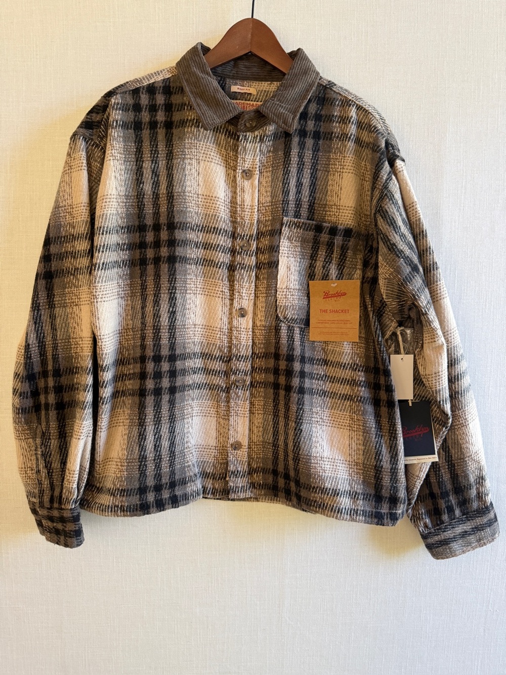 NWT Brooklyn Cloth Brown Plaid Corduroy Collar Shacket Large